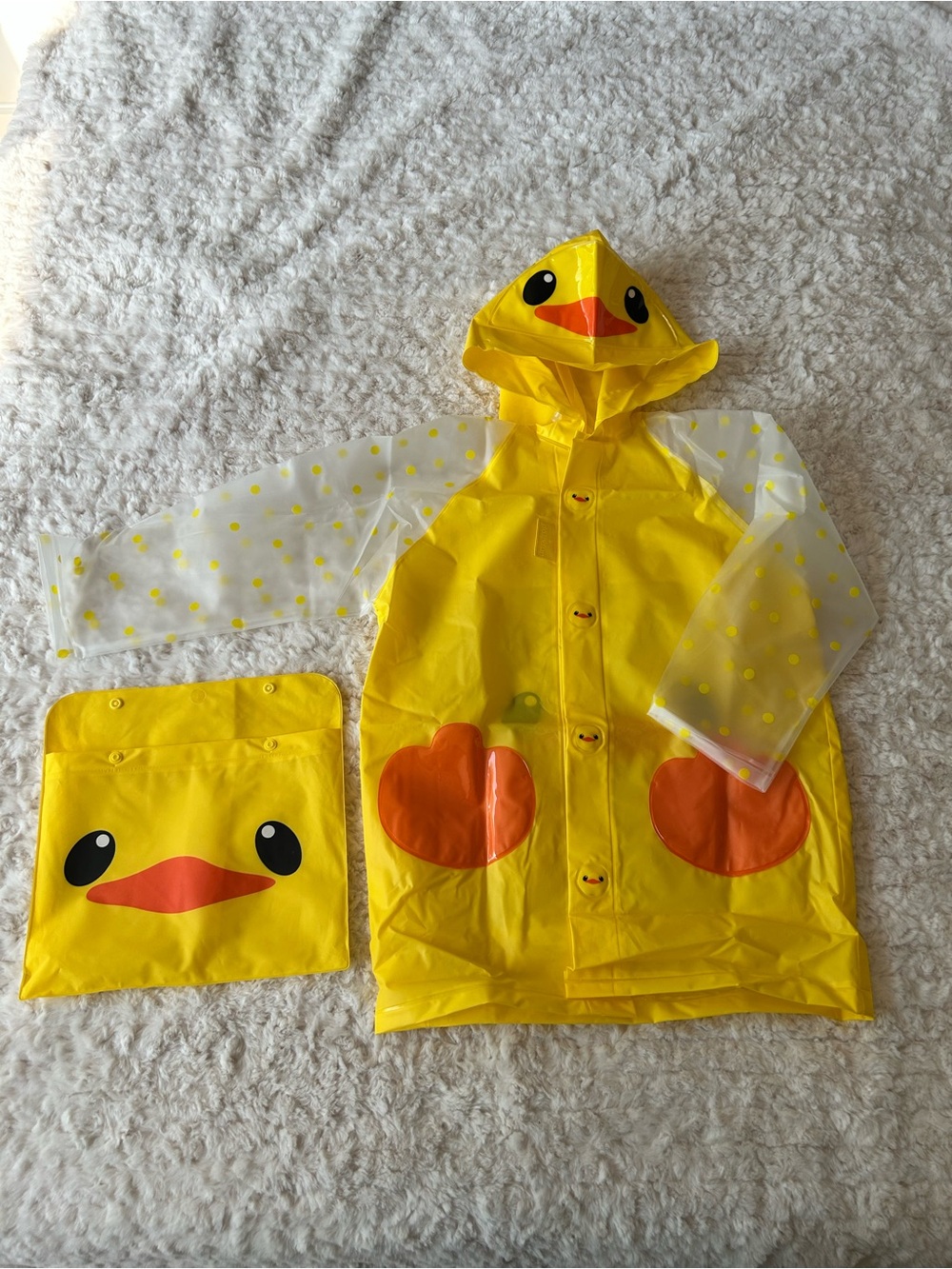 Kids Yellow Duck Hooded Raincoat with Polka Dot Sleeves & Carry Pouch 3-6 yrs